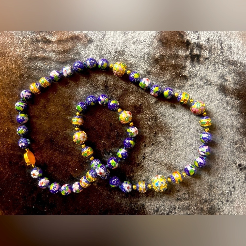 VINTAGE authentic blue gold cloisonné 50 beads beaded necklace GOLD CLASP 70 g